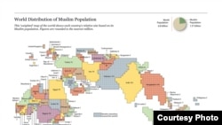 Pew зерттеу орталығының әлем мұсылмандарының орналасу жағдайын көрсеткен картасы.